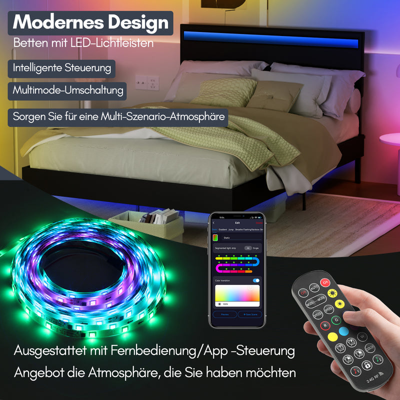 Sonnewelt Polsterbett Bettgestell mit Kopfteil Leder LED-Beleuchtung