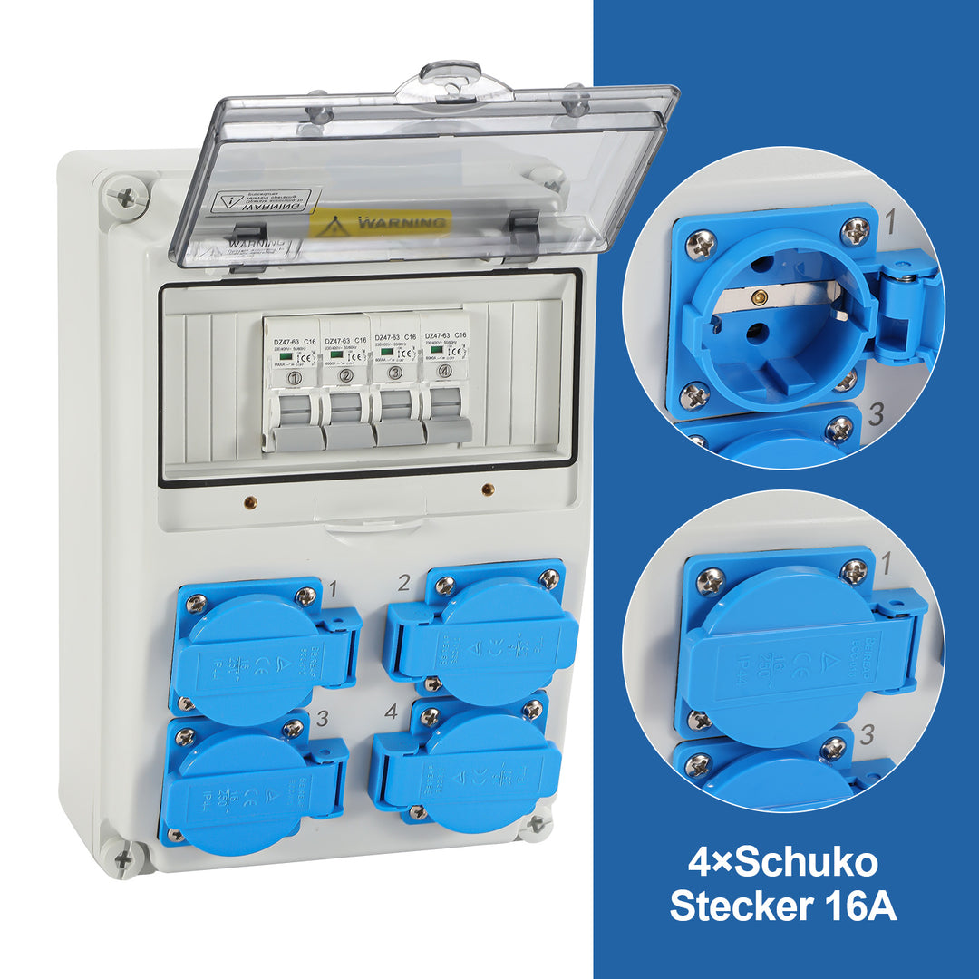 Sonnewelt Wandverteiler mit 4xSchuko-Steckdose16A 250V, 4xCEE Steckdosen 16A 1P