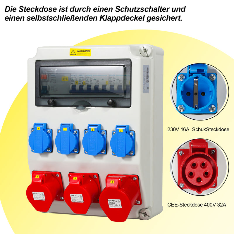 Sonnewelt Wandverteiler FI 4xSchuko-Steckdose und CEE-Steckdose 16/32A