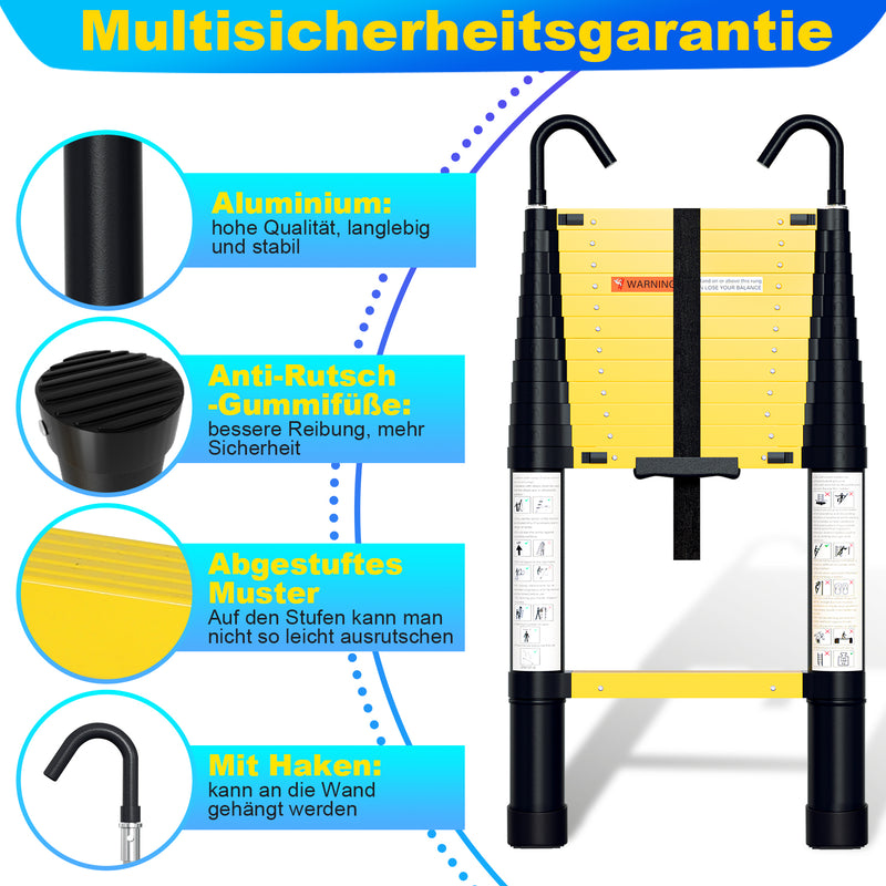 Sonnewelt Teleskopleiter Aluminium mit Langsamer Schrumpfungsfunktion und Abnehmbarem Haken