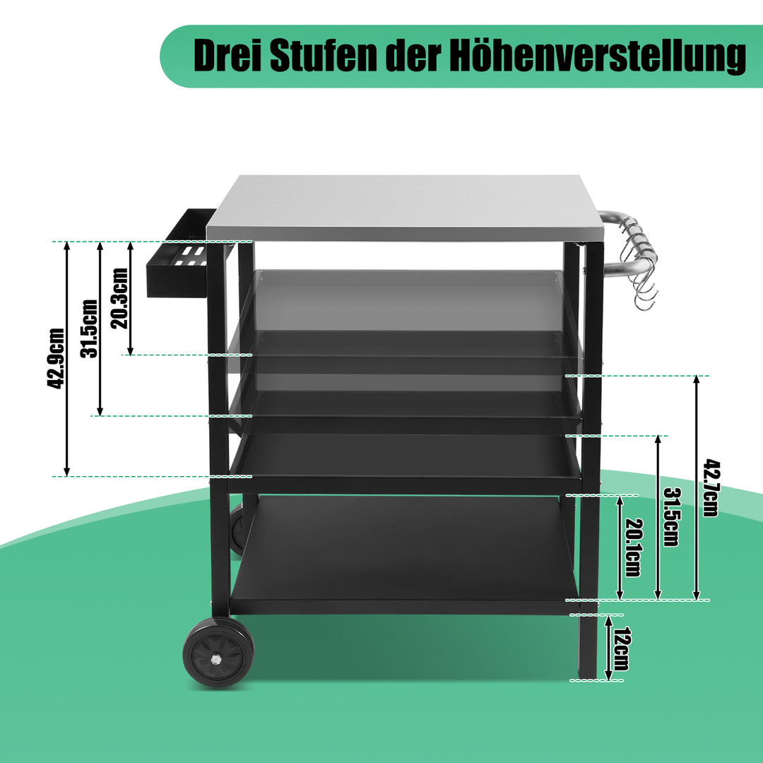 Sonnewelt Grillwagen Grilltisch Höhenverstellbar mit 3 Ablagen BBQ