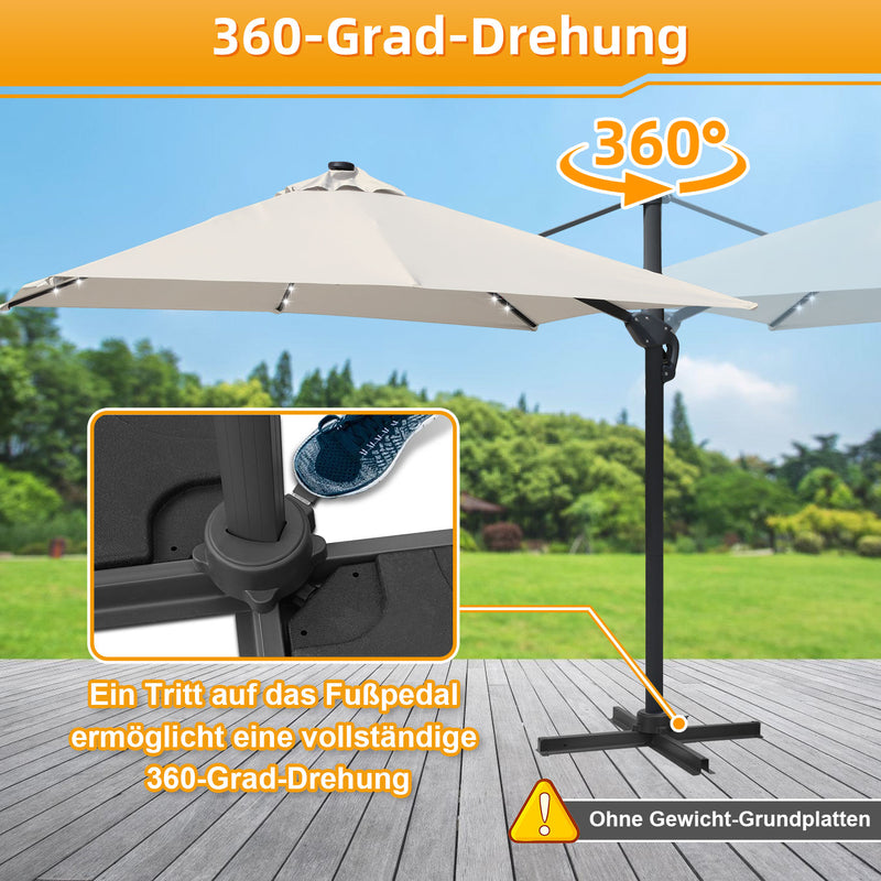 Sonnewelt Ampelschirm 300 x 300 cm Sonnenschirm 360° Drehbar mit Solar-LED