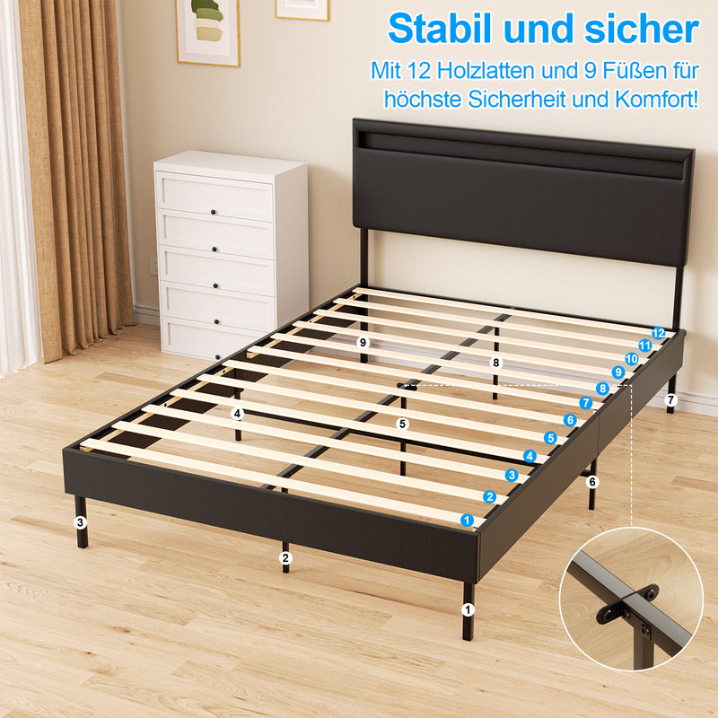 Sonnewelt Polsterbett Bettgestell mit Kopfteil Leder LED-Beleuchtung