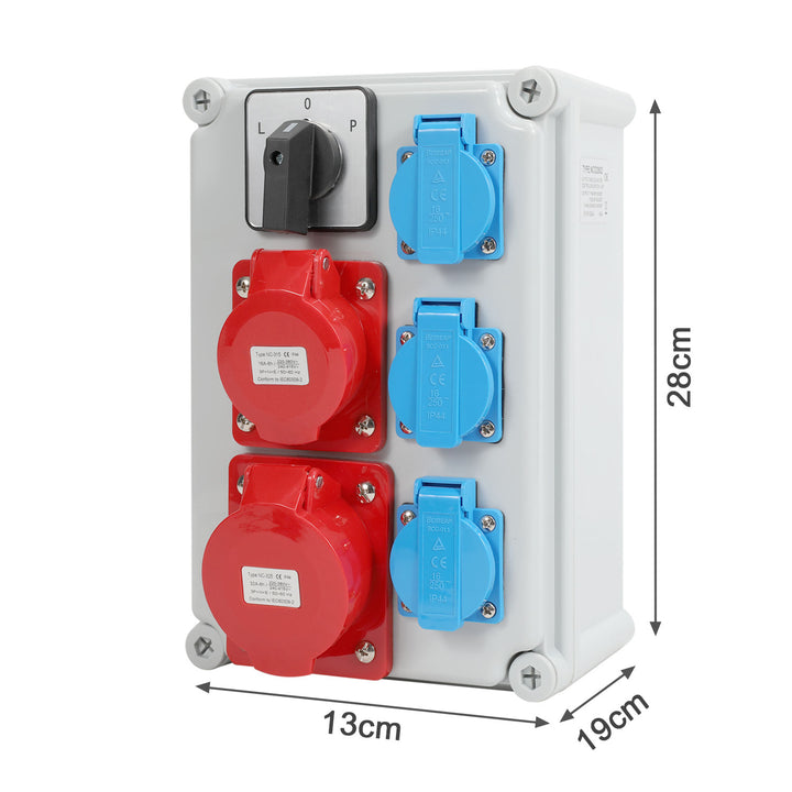 Sonnewelt Wandverteiler mit L-0-P Nockenschalter und MCB, 3xSchuko-Steckdose und CEE-Steckdose 16/32A