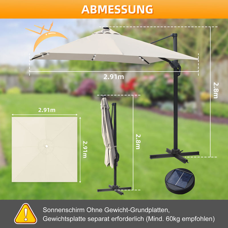 Sonnewelt Ampelschirm 300 x 300 cm Sonnenschirm 360° Drehbar mit Solar-LED