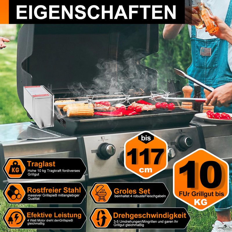 Sonnewelt BBQ Grillspieß Edelstahl Motor 4x Fleischnadel