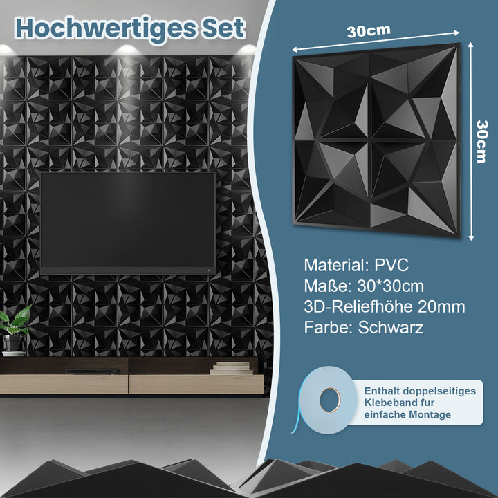 Sonnewelt 3D Wandpaneele 12 Stück 30x30cm Rund Diamant Schwarz