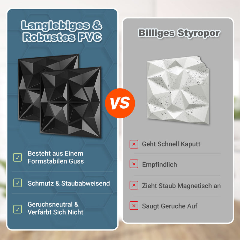 Sonnewelt 3D Wandpaneele 12 Stück 50x50cm Rund Diamant Schwarz