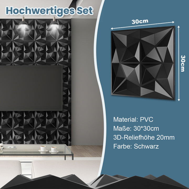 Sonnewelt 3D Wandpaneele 12 Stück 30x30cm Rund Diamant Schwarz