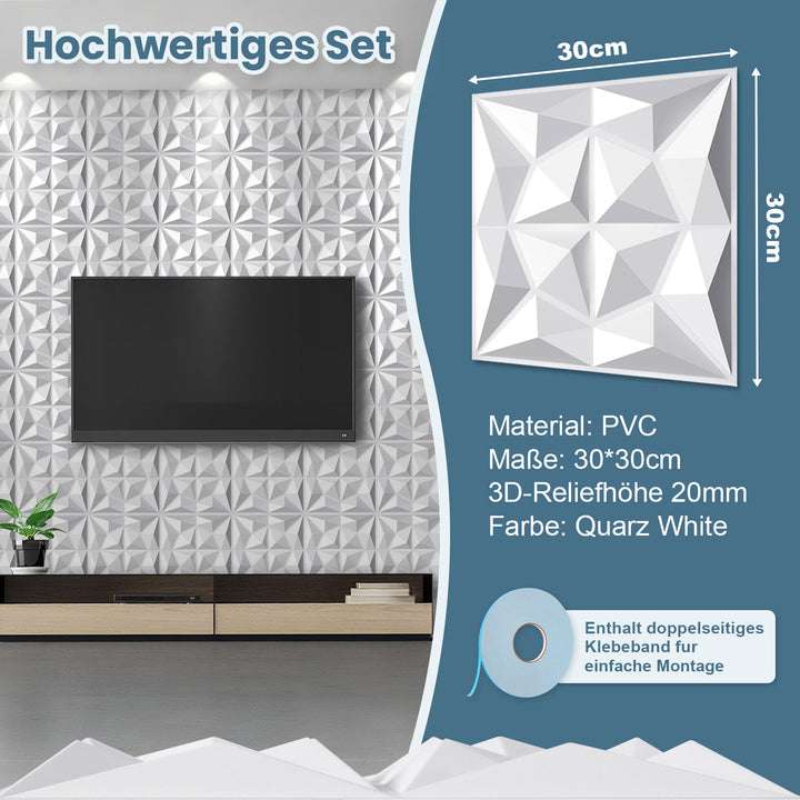 Sonnewelt 3D Wandpaneele 12 Stück 30x30cm Rund Diamant Weiß