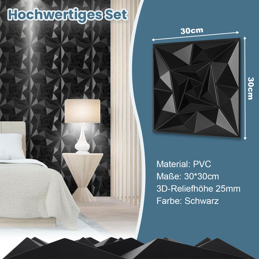 Sonnewelt 3D Wandpaneele 12 Stück 30x30cm Quadrat Diamant Schwarz