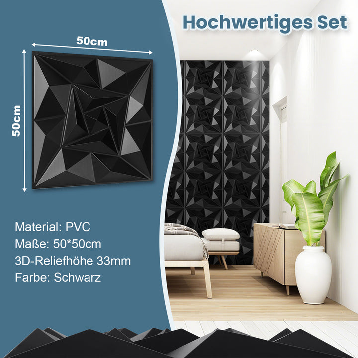 Sonnewelt 3D Wandpaneele 12 Stück 50x50cm Quadrat Diamant Schwarz