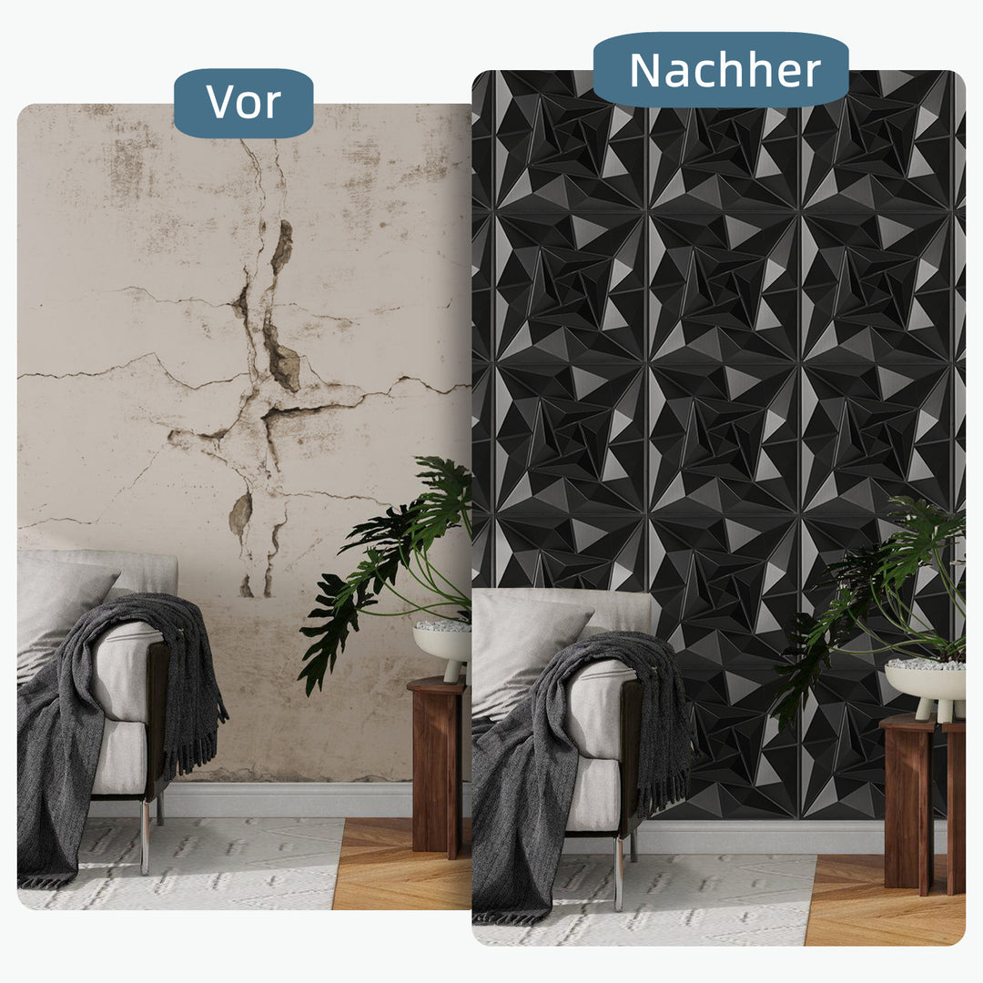 Sonnewelt 3D Wandpaneele 12 Stück 50x50cm Quadrat Diamant Schwarz