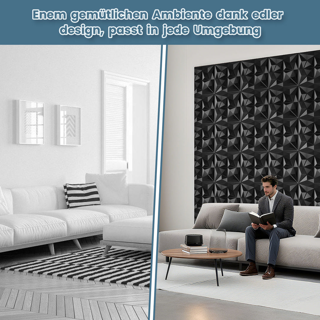 Sonnewelt 3D Wandpaneele 12 Stück 50x50cm Quadrat Diamant Schwarz
