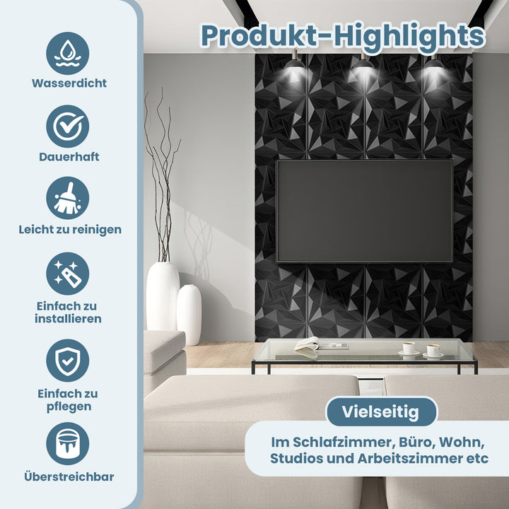 Sonnewelt 3D Wandpaneele 12 Stück 50x50cm Quadrat Diamant Schwarz