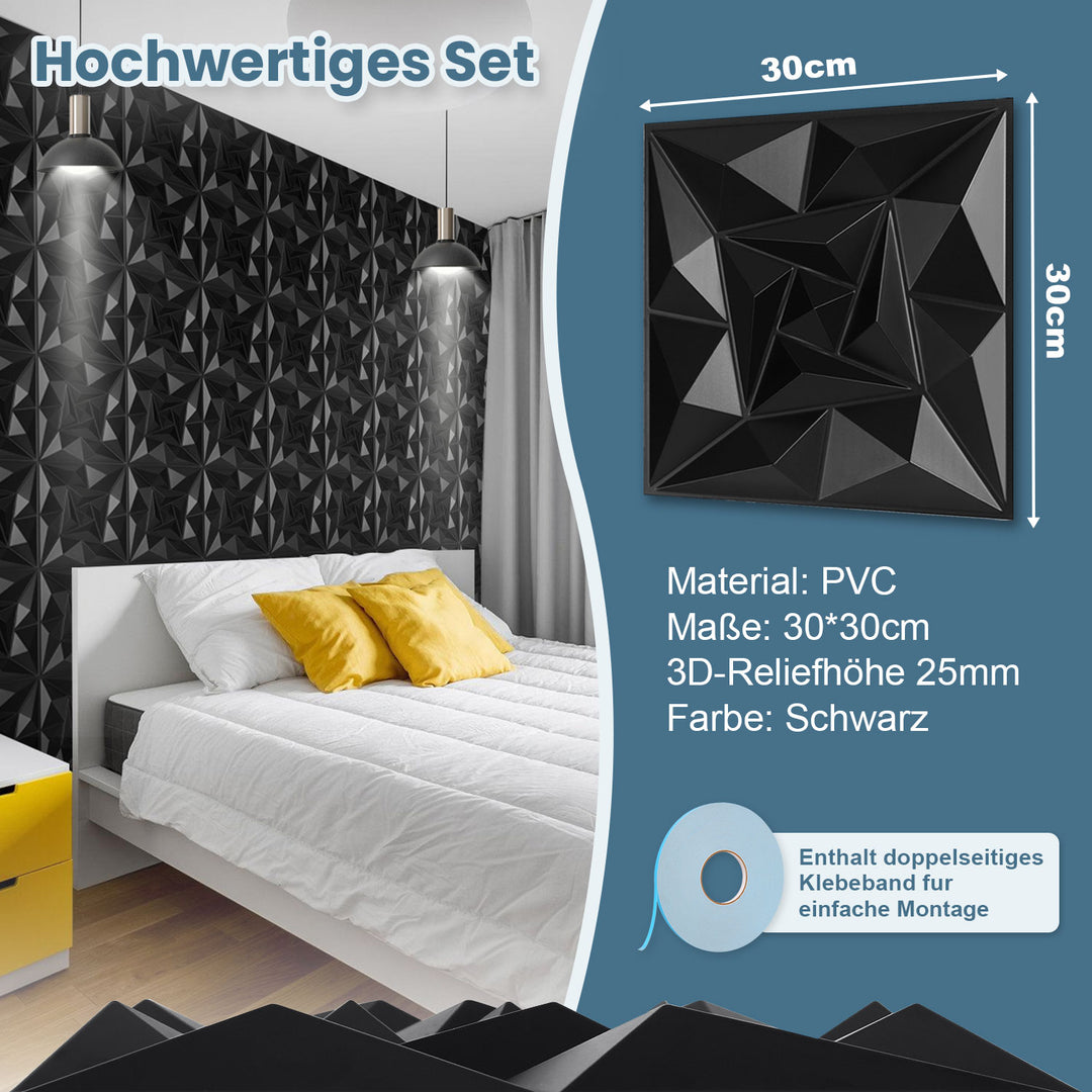 Sonnewelt 3D Wandpaneele 12 Stück 30x30cm Quadrat Diamant Schwarz