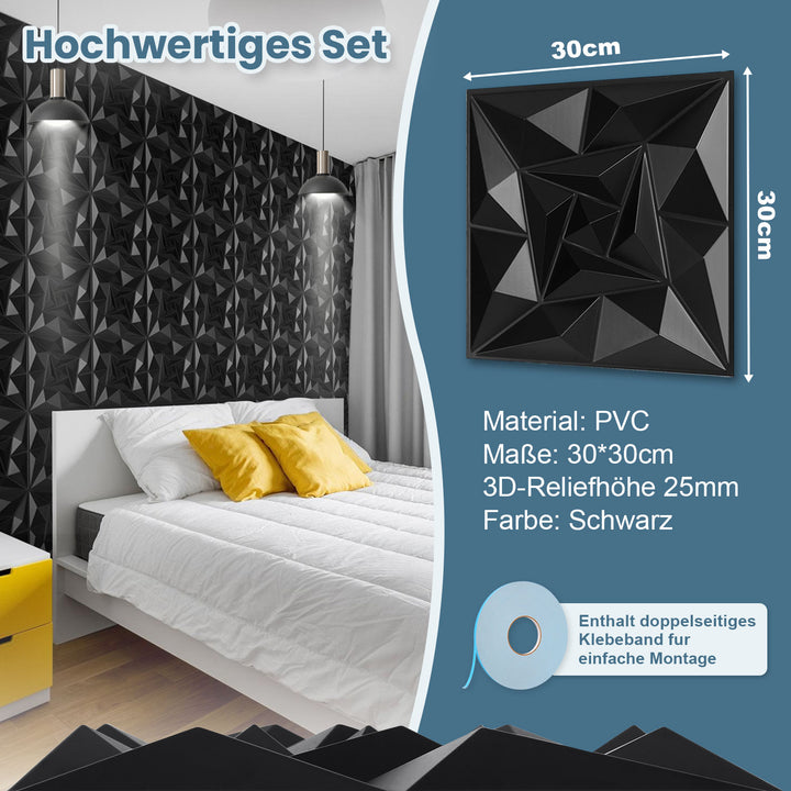 Sonnewelt 3D Wandpaneele 12 Stück 30x30cm Quadrat Diamant Schwarz