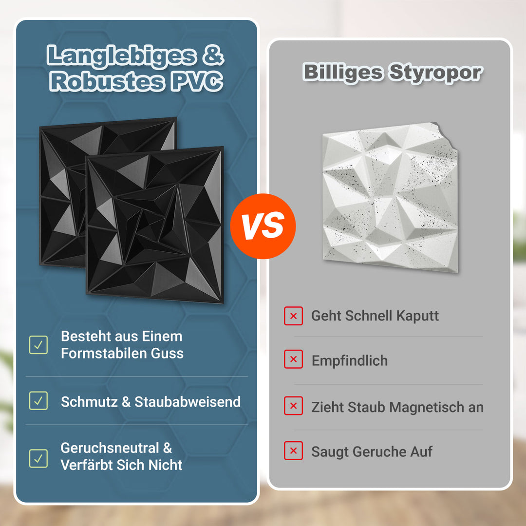 Sonnewelt 3D Wandpaneele 12 Stück 50x50cm Quadrat Diamant Schwarz