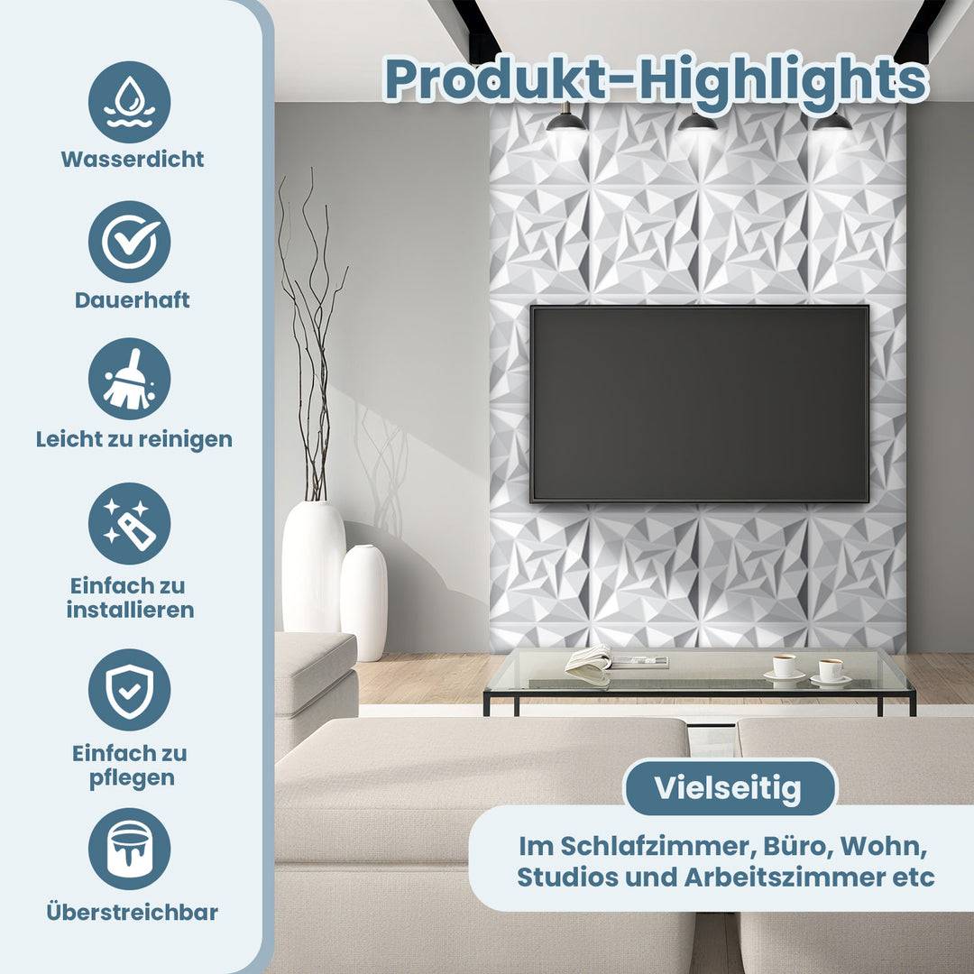 Sonnewelt 3D Wandpaneele 12 Stück 50x50cm Quadrat Diamant Weiß