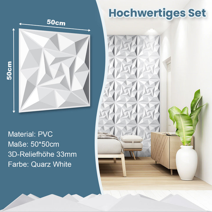 Sonnewelt 3D Wandpaneele 12 Stück 50x50cm Quadrat Diamant Weiß