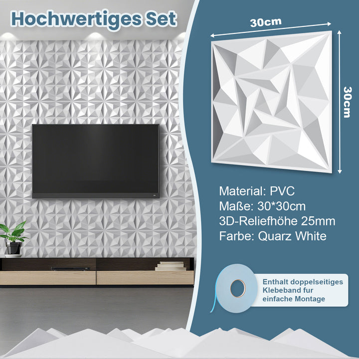 Sonnewelt 3D Wandpaneele 12 Stück 30x30cm Quadrat Diamant Weiß