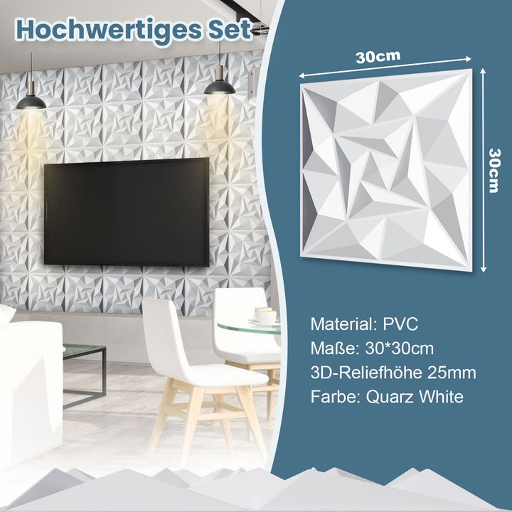 Sonnewelt 3D Wandpaneele 12 Stück 30x30cm Quadrat Diamant Weiß