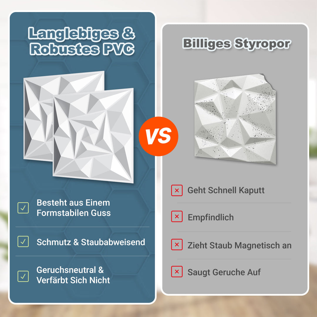 Sonnewelt 3D Wandpaneele 12 Stück 50x50cm Quadrat Diamant Weiß