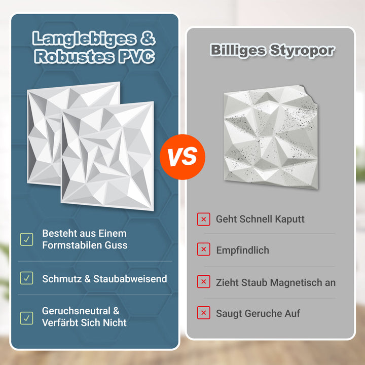 Sonnewelt 3D Wandpaneele 12 Stück 50x50cm Quadrat Diamant Weiß