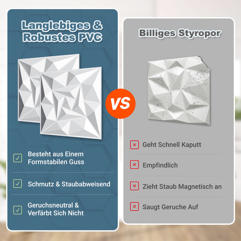 Sonnewelt 3D Wandpaneele 12 Stück 50x50cm Quadrat Diamant Weiß