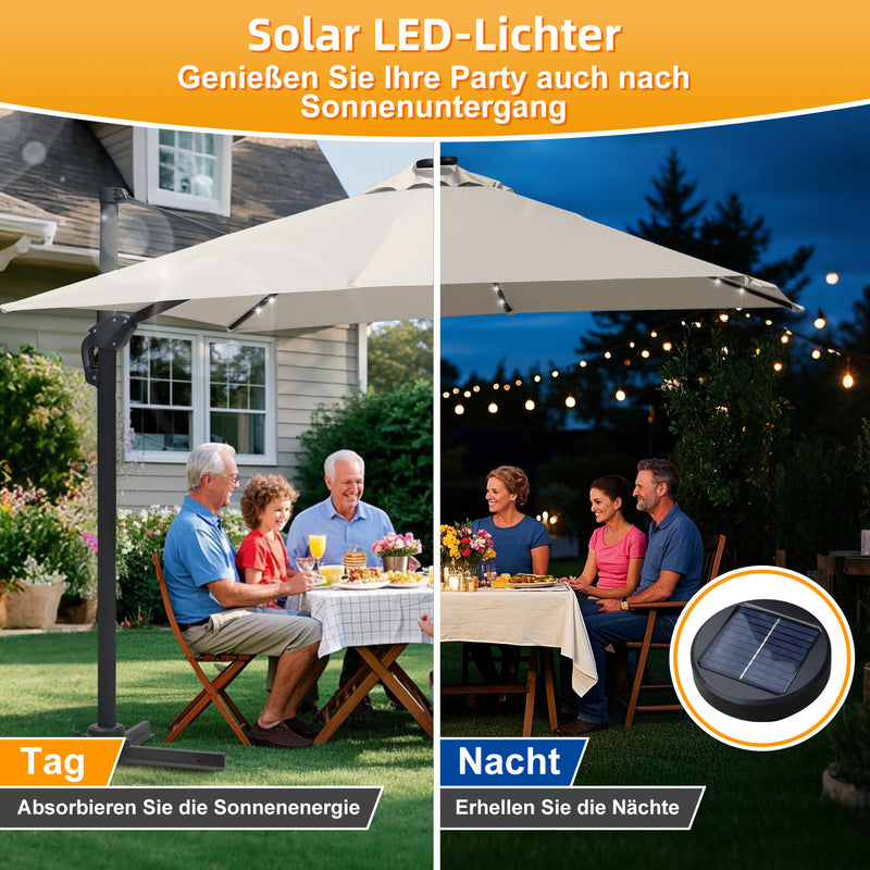 Sonnewelt Ampelschirm 300 x 300 cm Sonnenschirm 360° Drehbar mit Solar-LED