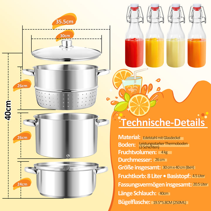 Sonnewelt Dampfentsafter 8L Edelstahl Fruchtentsafter