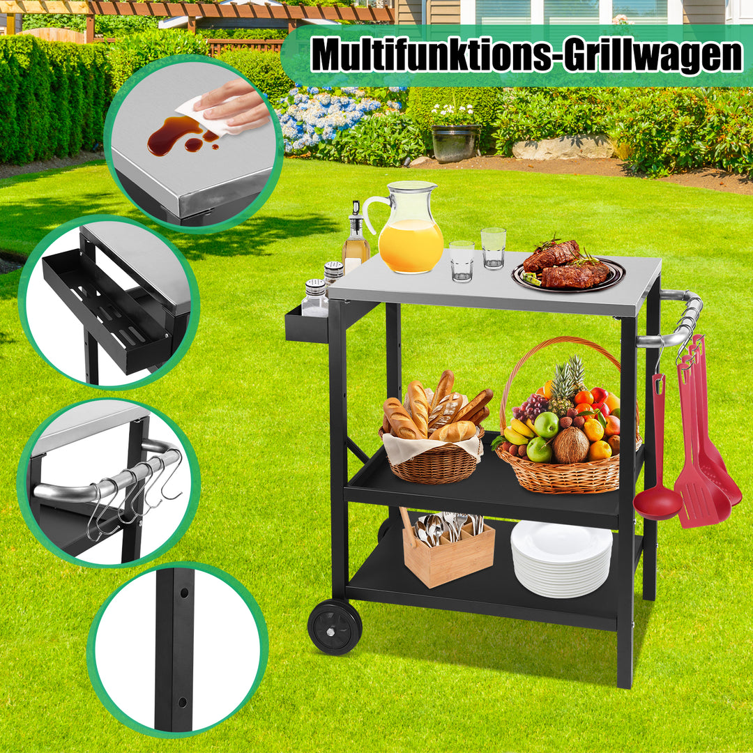 Sonnewelt Grillwagen Grilltisch Höhenverstellbar mit 3 Ablagen BBQ