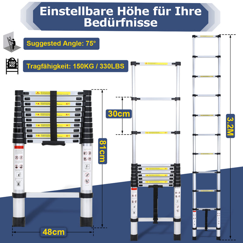 Sonnewelt Teleskopleiter Aluminium Belastbarkeit bis zu 150kg 2.6m-5m