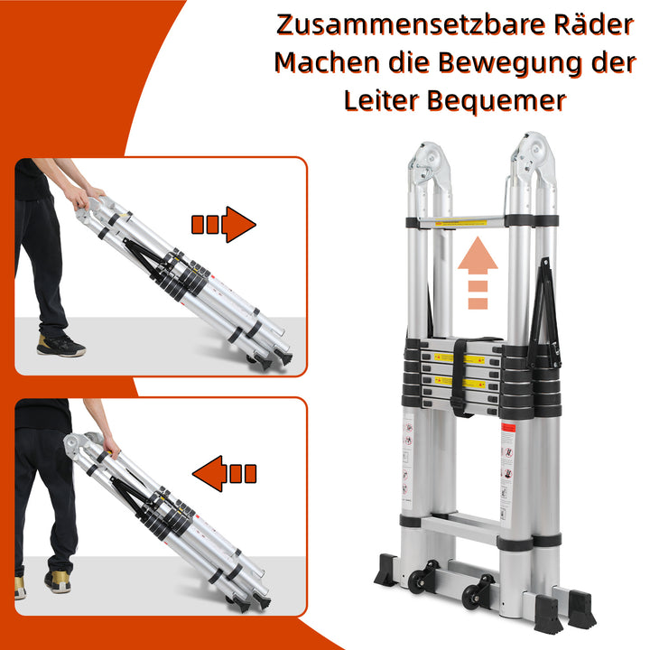 Sonnewelt 5M Alu Teleskopleiter Klappleiter mit Rädern und Dreiecksstabilisator