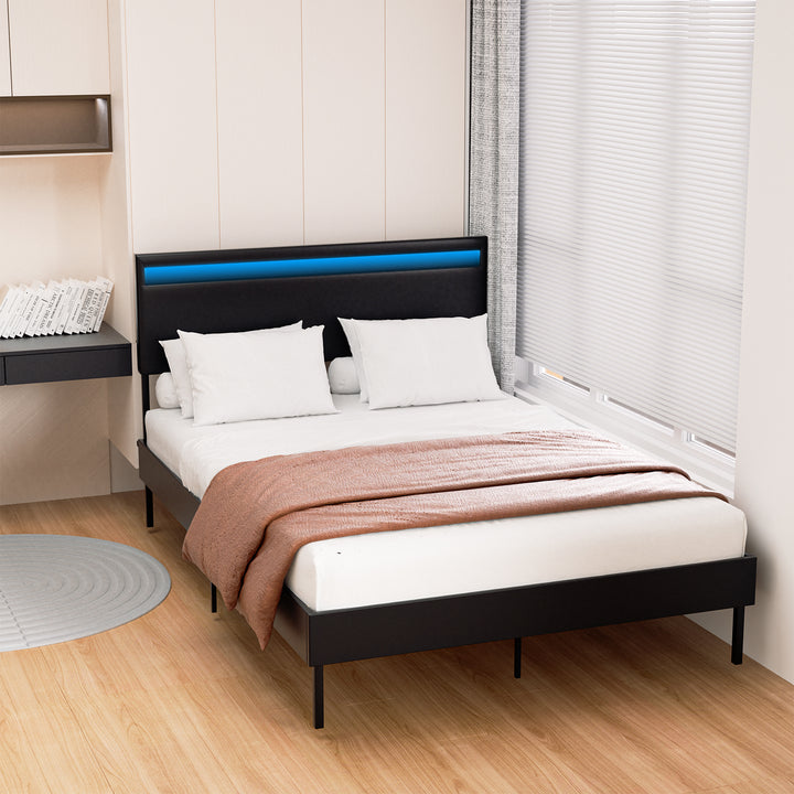 Sonnewelt upholstered bed frame with headboard leather LED lighting