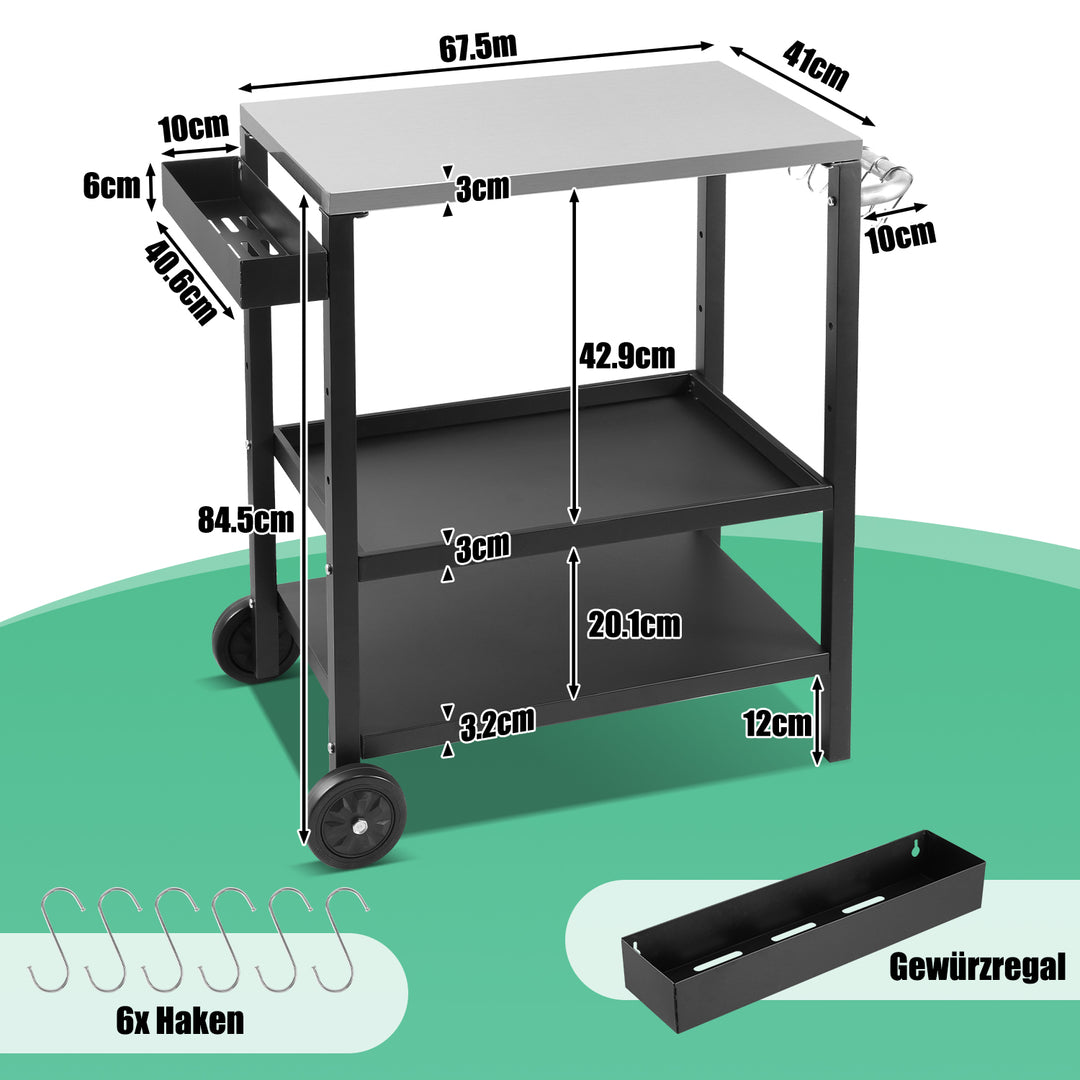 Sonnewelt Grillwagen Grilltisch Höhenverstellbar mit 3 Ablagen BBQ