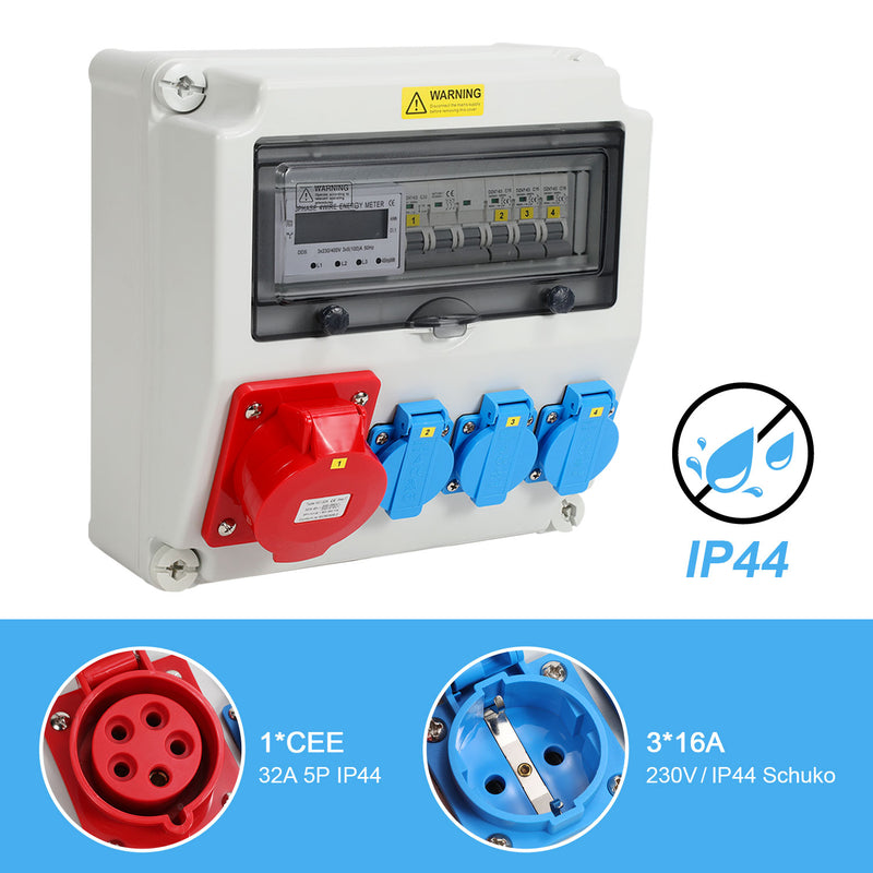 Sonnewelt Wandverteiler Baustromverteiler mit 3xSchuko-Steckdose16A 230V, 1xCEE Steckdosen 32A 5Polig mit 3-Phasen und MCB