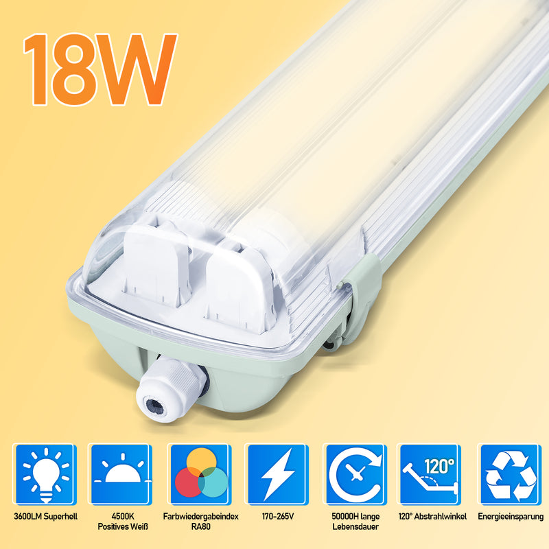 Sonnewelt LED Feuchtraumleuchte 2x 18W 120 cm T8 Neutralweiß/Kaltweiß