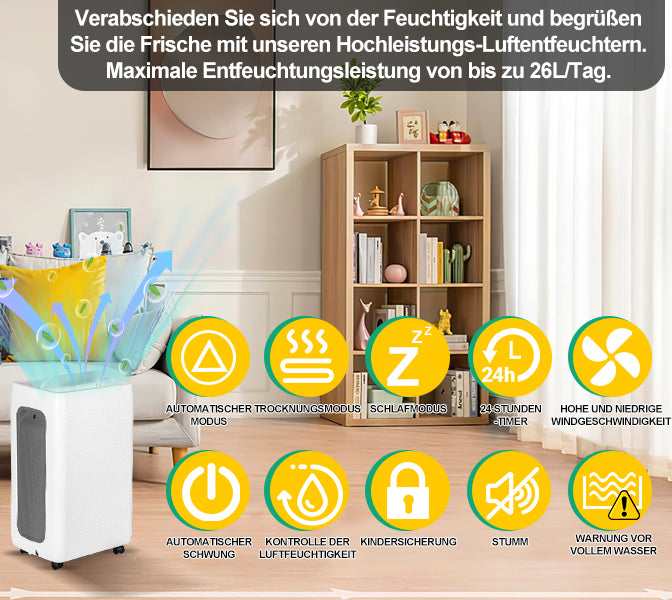 Sonnewelt Luftentfeuchter 26L mit Timerfunktion, Wäschetrockungsfunktion, Abtaufunktion