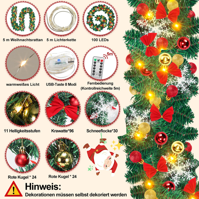 Sonnewelt Weihnachtsgirlande 100 LEDs mit Deko und Fernbedienung 5m