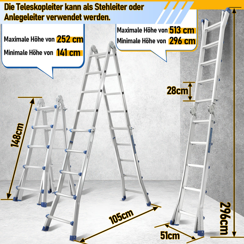 Sonnewelt Teleskopleiter Multifunktionsleiter 3 in 1 Aluleiter