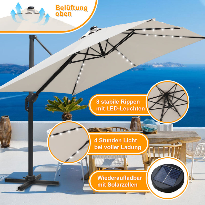 Sonnewelt Ampelschirm 300 x 300 cm Sonnenschirm 360° Drehbar mit Solar-LED
