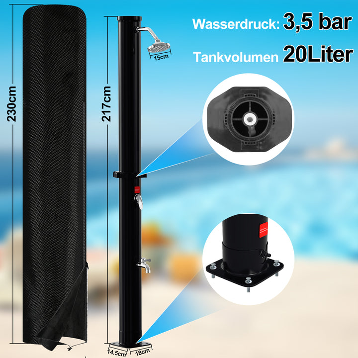 Sonnewelt solar shower with shower head, foot shower and protective cover 20L