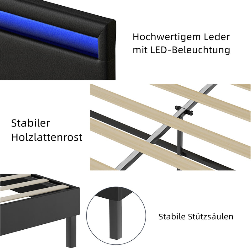 Sonnewelt Polsterbett Bettgestell mit Kopfteil Leder LED-Beleuchtung