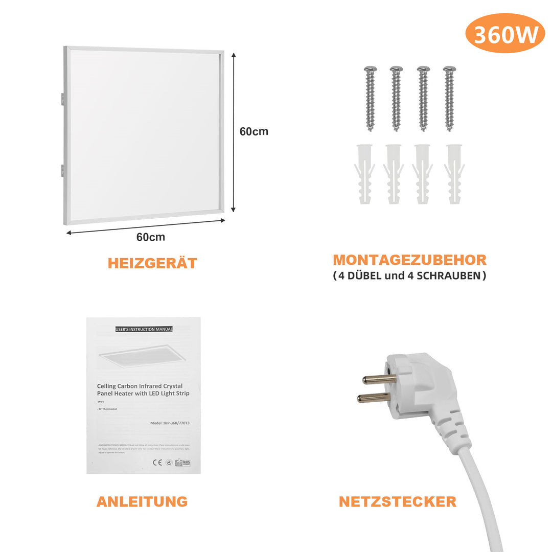 Sonnewelt Infrarotheizung Elektroheizer Decke WIFI 360/770W