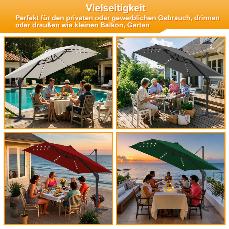 Sonnewelt Ampelschirm 300 x 300 cm Sonnenschirm 360° Drehbar mit Solar-LED