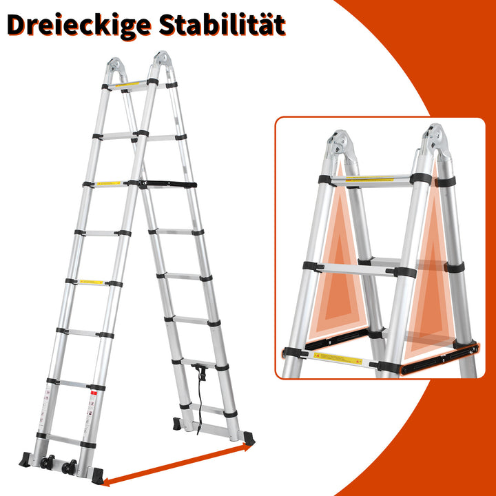 Sonnewelt 5M Alu Teleskopleiter Klappleiter mit Rädern und Dreiecksstabilisator