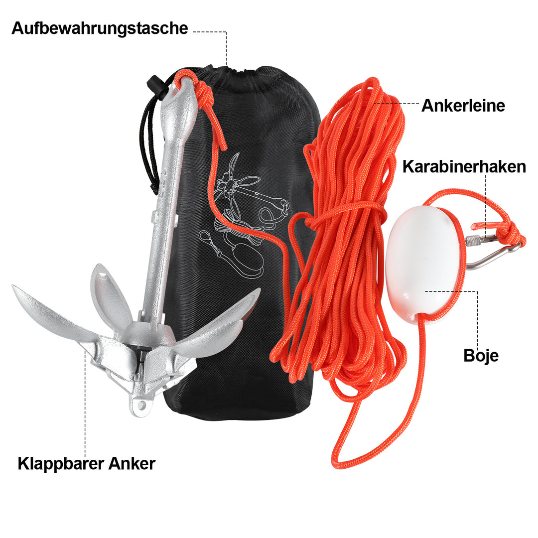 Sonnewelt Bootsanker mit 6mm x 20m Seil Faltanker 0.7kg/1.5kg