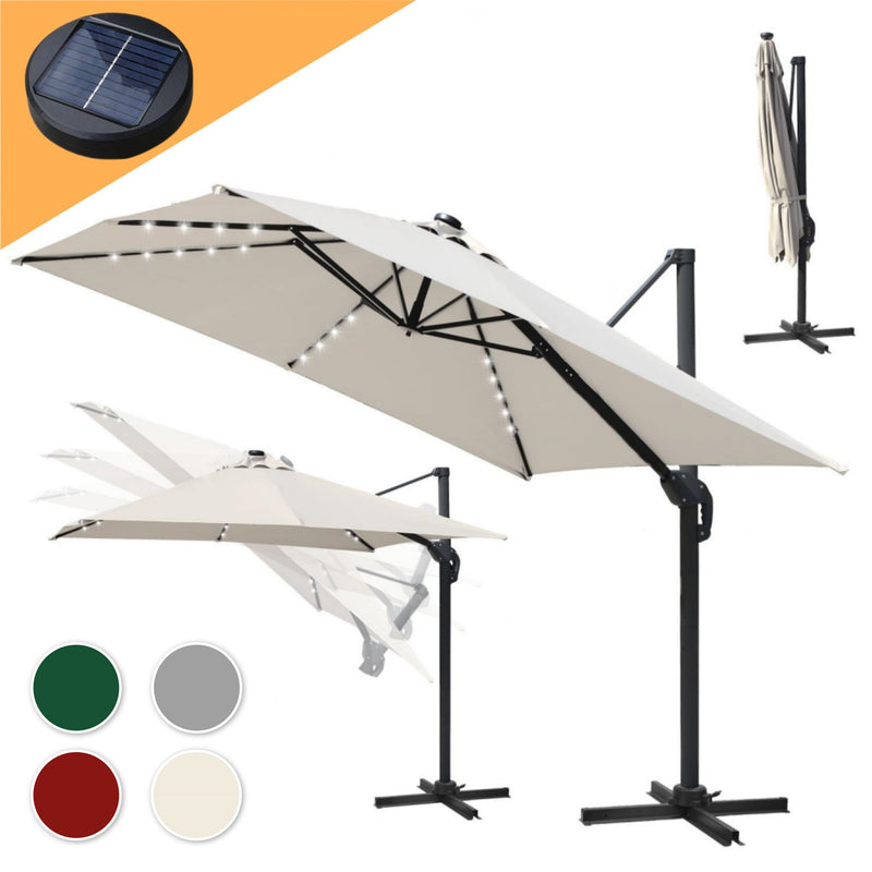Sonnewelt Ampelschirm 300 x 300 cm Sonnenschirm 360° Drehbar mit Solar-LED