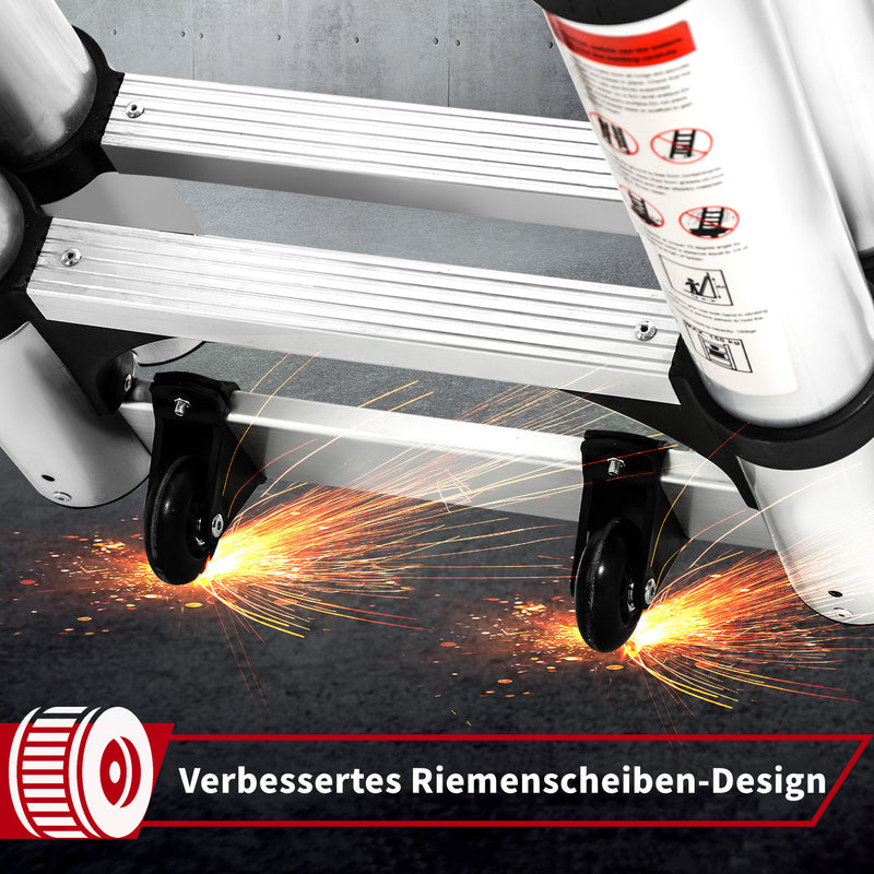 Sonnewelt 5M Alu Teleskopleiter Klappleiter mit Rädern und Dreiecksstabilisator
